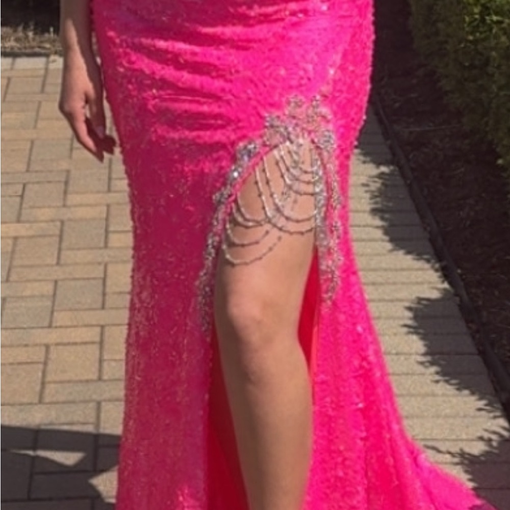 2 Cute Pink Embellished Slit Prom Gown